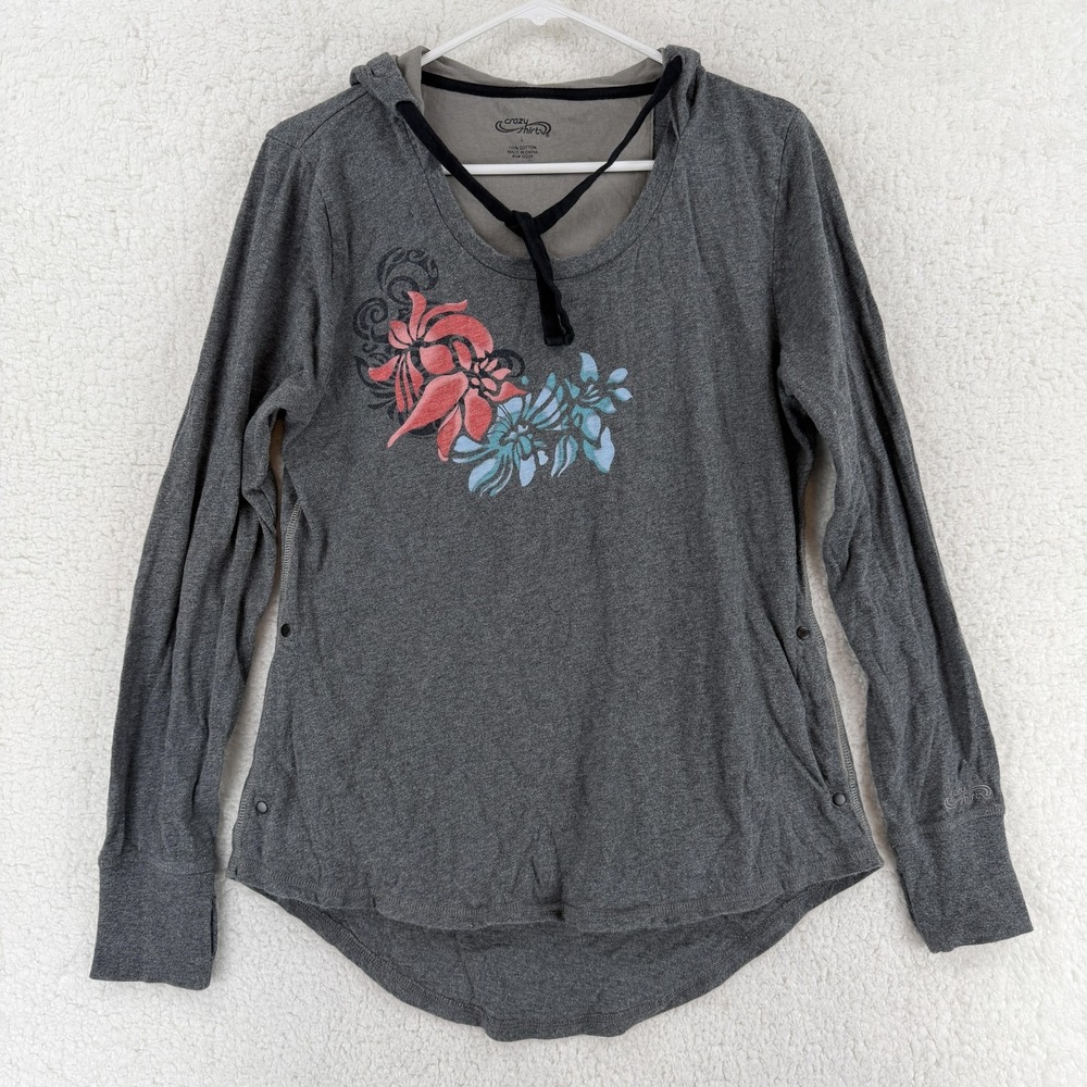 Crazy Shirts Shirt Womens Large Gray Floral Graphic Hooded Long Sleeve Tunic Top